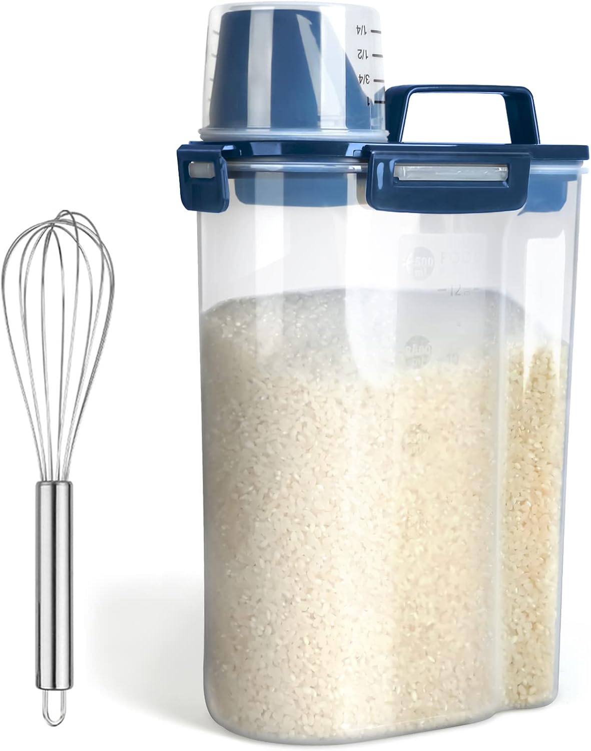 Uppetly Rice Airtight Dry Food Storage Containers, BPA Free Plastic Storage Bin Dispenser with Pourable Spout, Measuring cup for Cereal, Flour and Baking Supplies, Include a Stainless Steel Whisk