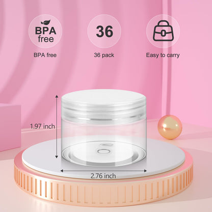 Loretoy 36 Pack 2 OZ Plastic Jars with Lids, BPA Free, Reusable, Refillable Transparent Cosmetic Containers for Bath Salts, Cosmetics, Powders, Beauty Product and Small Accessories