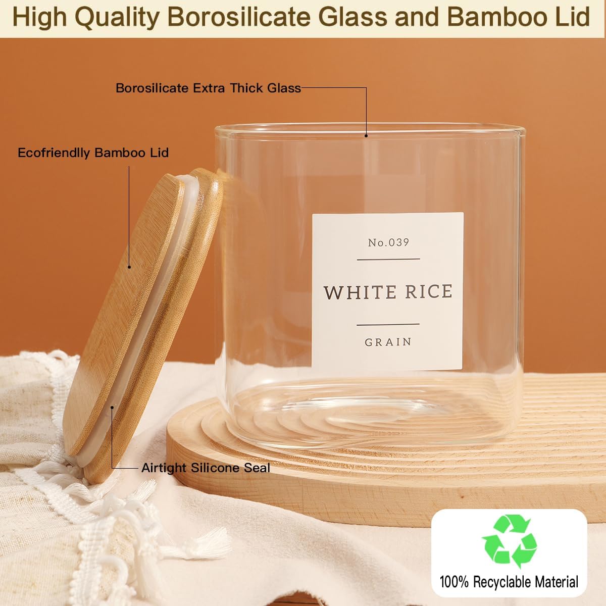 HHMJSM Large Glass Storage Jars With Airtight Bamboo Lid - 100 Fl Oz Thicken Kitchen Glass Food Storage Canister With 42 Pantry Labels - Big Clear Flour And Sugar Containers Farmhouse