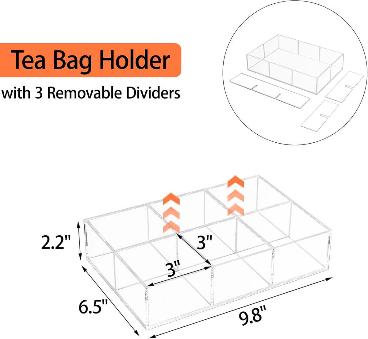Tasybox Tea Bag Organizer, Clear Acrylic Tea Bag Holder with 6 Slot, Tea Packet Storage for Drawer, Pantry, Kitchen, Cabinet, Countertop