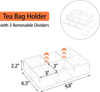 Tasybox Tea Bag Organizer, Clear Acrylic Tea Bag Holder with 6 Slot, Tea Packet Storage for Drawer, Pantry, Kitchen, Cabinet, Countertop