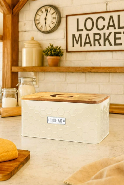 vensovo Bread Box for Countertop – Large White Metal Bread Bin with Bamboo Cutting Board Lid, Farmhouse Bread Storage Container for Homemade Bread, Baked Goods & Kitchen Counter Organization
