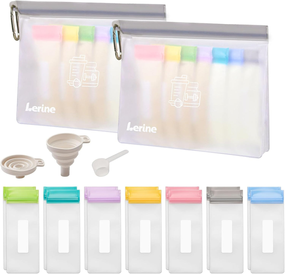 Lerine Protein Powder Travel Container Set, Reusable Protein Powder Container To Go, 21Pcs Single Dose Bags & 3Pcs Large Zip Bags, Portable Supplement Storage Containers with Funnel, Spoon