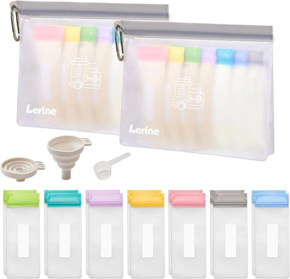 Lerine Protein Powder Travel Container Set, Reusable Protein Powder Container To Go, 21Pcs Single Dose Bags & 3Pcs Large Zip Bags, Portable Supplement Storage Containers with Funnel, Spoon