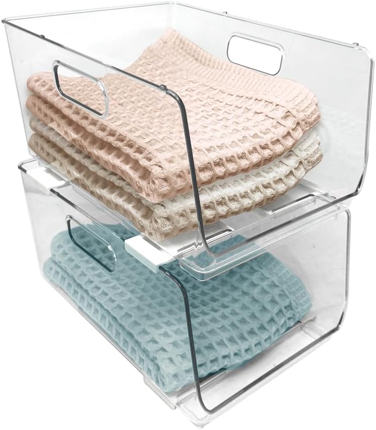 Isaac Jacobs 2-Piece (16" x 12" x 6.1") X-Large Wide Stackable Clear Storage Bins w/Open Front, Versatile Use, Set of 2, Desk, Office, Bathroom, Bedroom, Closet