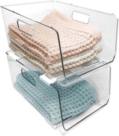 Isaac Jacobs 2-Piece (16" x 12" x 6.1") X-Large Wide Stackable Clear Storage Bins w/Open Front, Versatile Use, Set of 2, Desk, Office, Bathroom, Bedroom, Closet