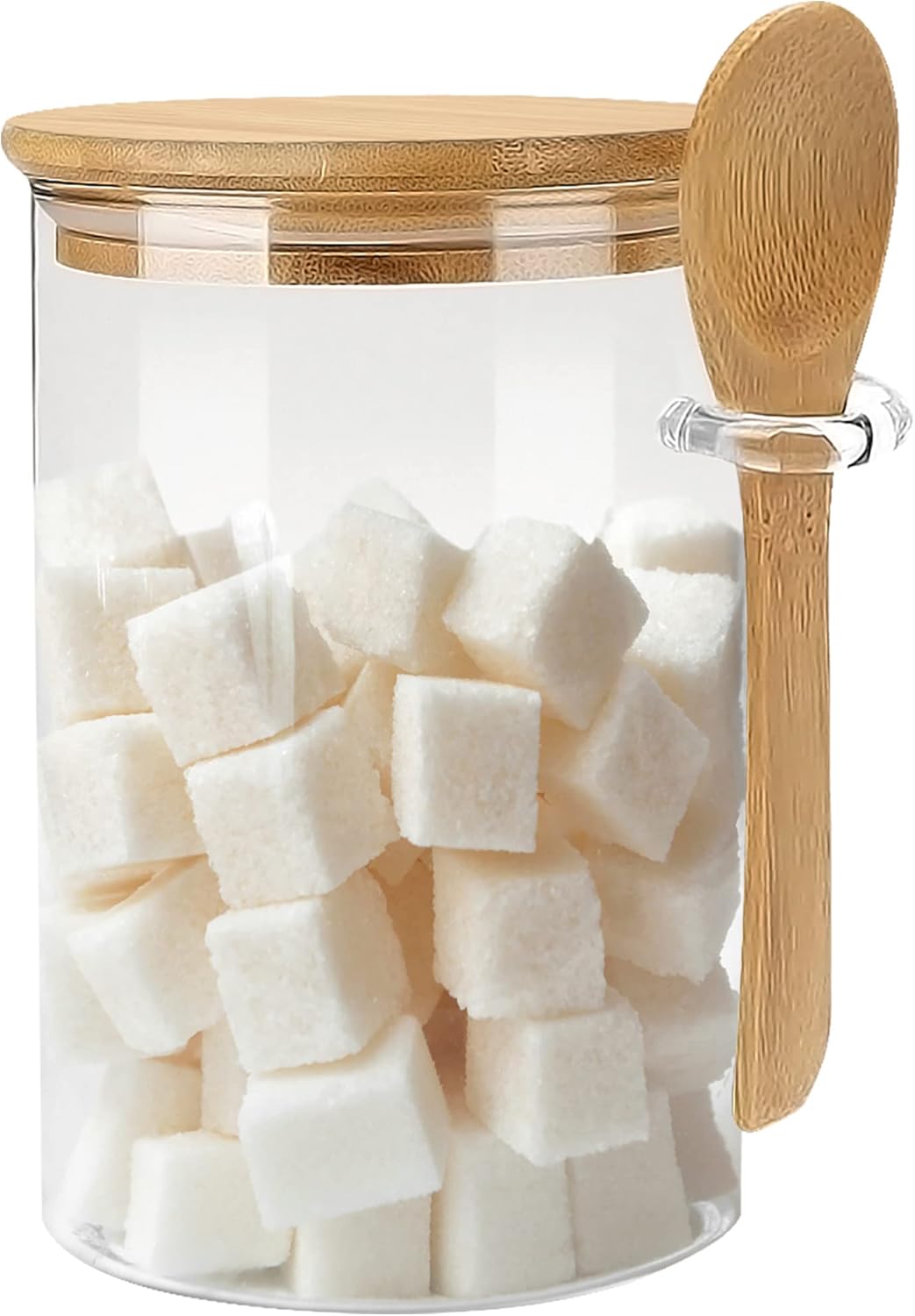 Glass Sugar Container with Spoon - 15oz Glass Jars with Bamboo Lid and Spoon, Bamboo Lid Storage Jar Canister for Coffee Beans, Spice, Brown Sugar, Tea, Flour, Nuts, Candy, Salts and More