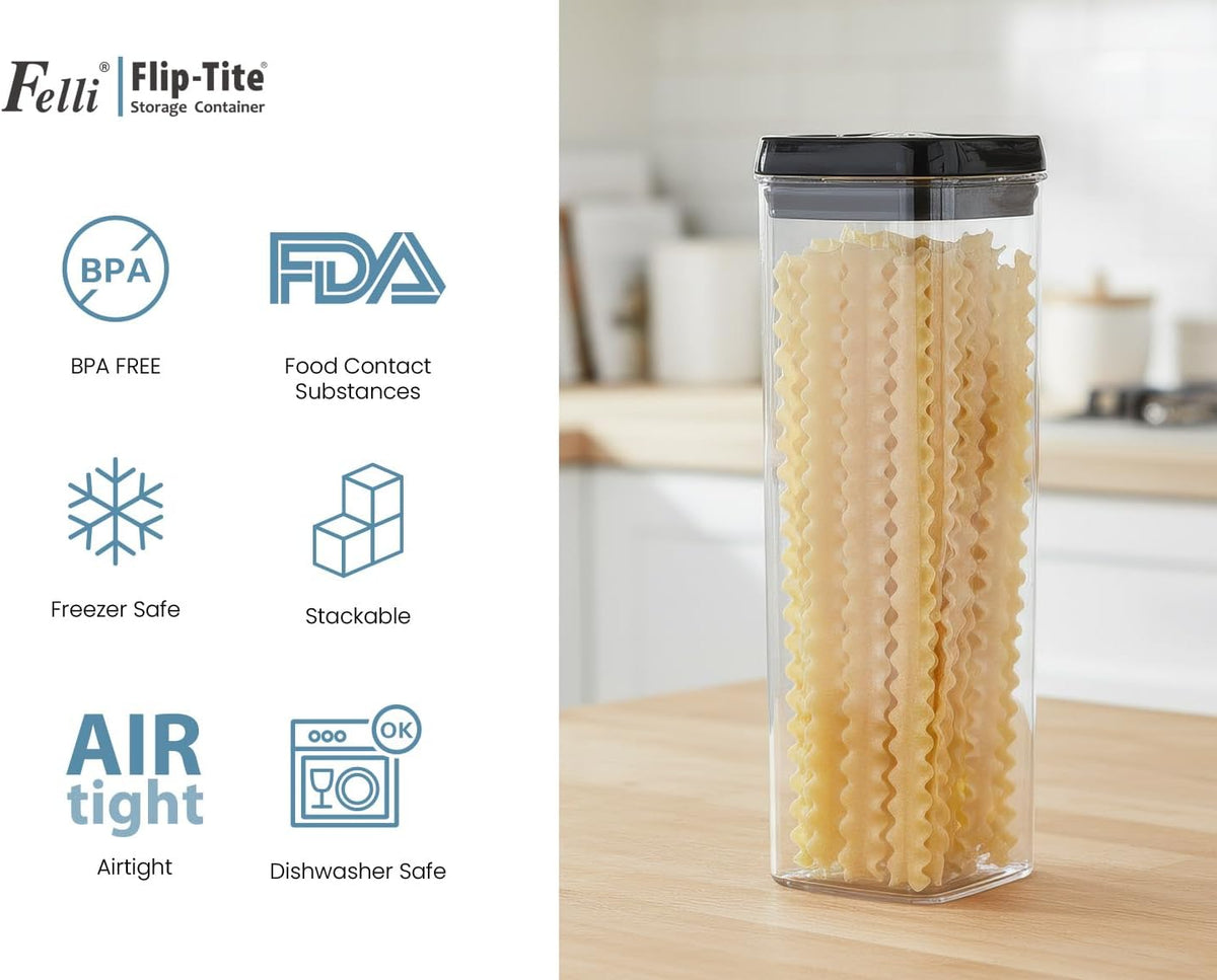 Felli Flip Tite Storage Container with Built-In Spoon & Airtight Lid 5” Large-M Ring Flip Top, Stackable Acrylic Canister for Sugar Flour Powder, Kitchen Pantry Organizer (1.8qt), 2 spoons