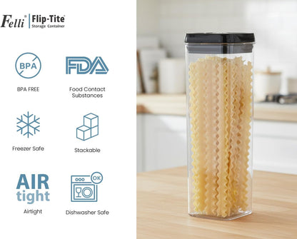 Felli Flip Tite Storage Container with Built-In Spoon & Airtight Lid 5” Large-M Ring Flip Top, Stackable Acrylic Canister for Sugar Flour Powder, Kitchen Pantry Organizer (1.8qt), 2 spoons