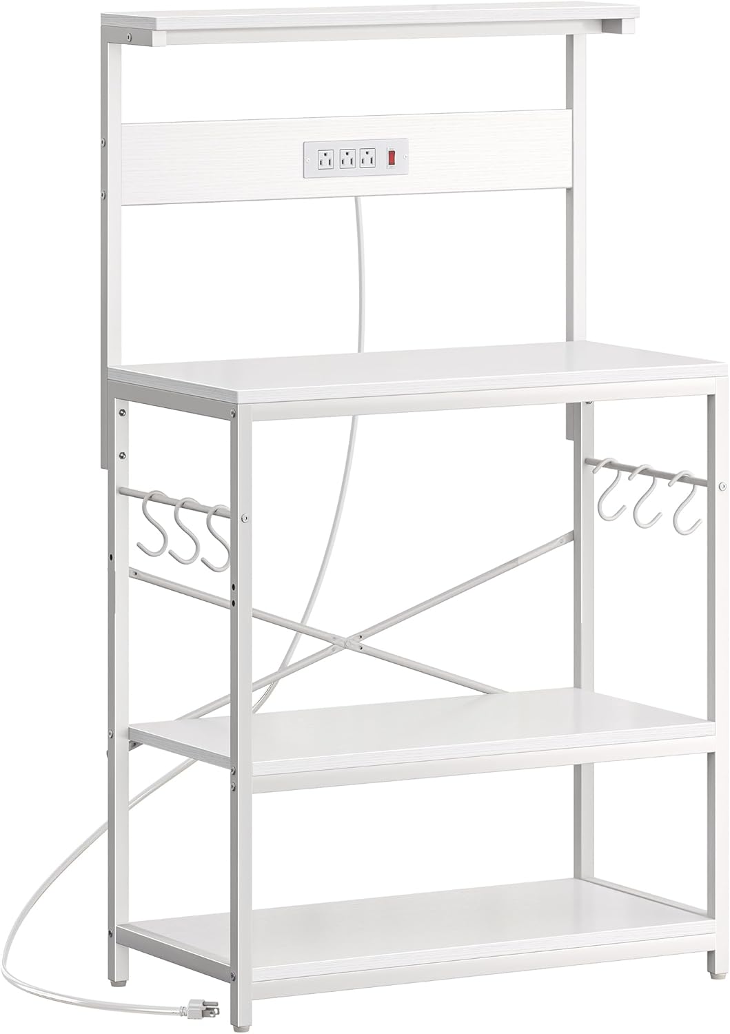SUPERJARE Kitchen Bakers Rack with Power Outlet, Coffee Bar Table 4 Tiers, Kitchen Microwave Stand with 6 S-shaped Hooks, Storage Shelf Rack for Spices, Pots and Pans - Rustic Brown