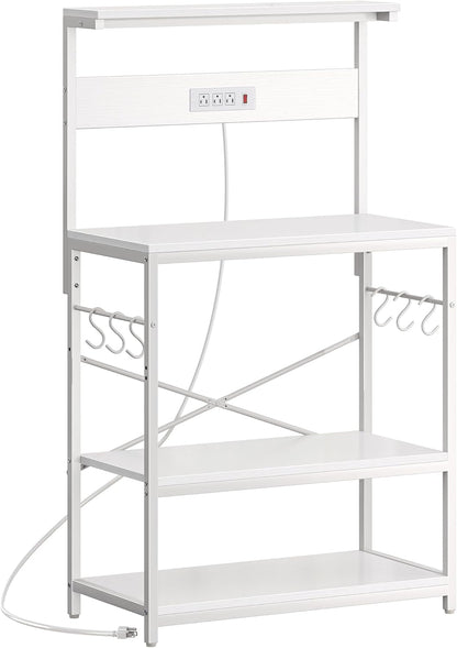 SUPERJARE Kitchen Bakers Rack with Power Outlet, Coffee Bar Table 4 Tiers, Kitchen Microwave Stand with 6 S-shaped Hooks, Storage Shelf Rack for Spices, Pots and Pans - Rustic Brown