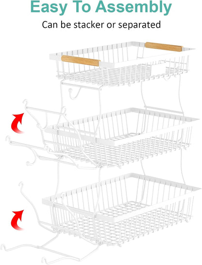 2 Tier Fruit Basket for Kitchen Counter with 2 Banana Hangers, Countertop Metal Bread Basket with Wooden Handle, Large Storage Stand for Vegetables, Snacks, Eggs, Produce Storage – Black