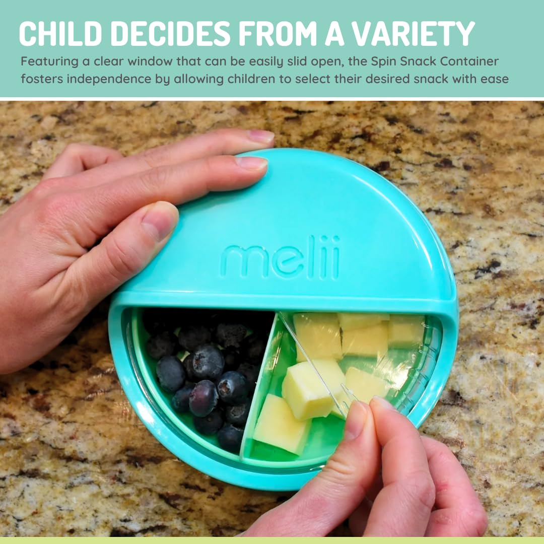 melii Spin Snack Container | 3-Compartment Rotating Snack Box with Sliding Window, BPA-Free, Dishwasher Safe, Portable Snack Container for Kids Ages 3+ (Blue)