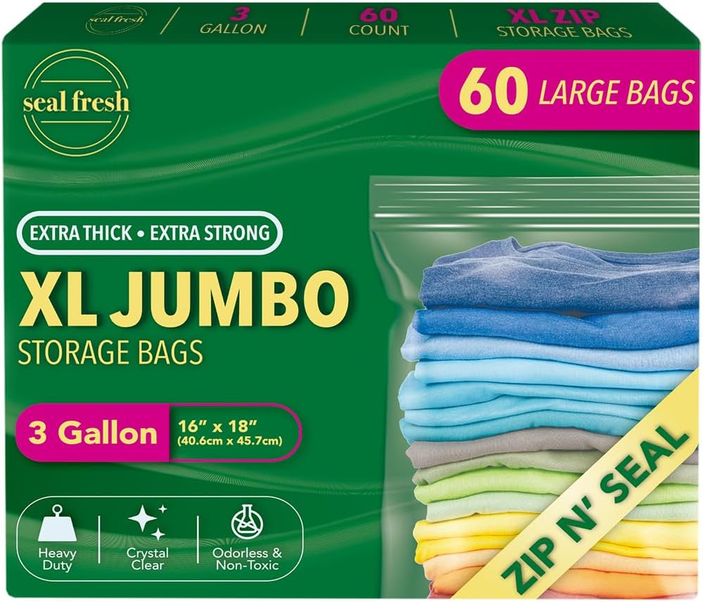 Seal Fresh 3 Gallon Large Plastic Storage Bags – 16" x 18" (15 Count) – Reusable XXL Extra Large Clear Jumbo Zip Bags with Sealable Zipper Top For Clothes, Travel, Moving