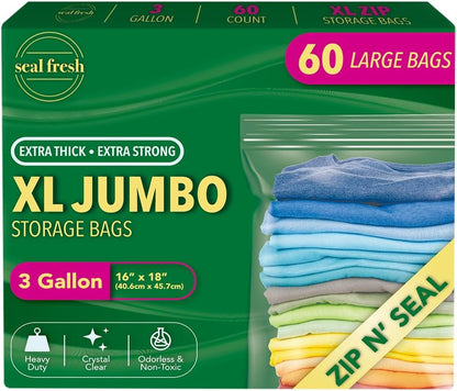 Seal Fresh 3 Gallon Large Plastic Storage Bags – 16" x 18" (15 Count) – Reusable XXL Extra Large Clear Jumbo Zip Bags with Sealable Zipper Top For Clothes, Travel, Moving