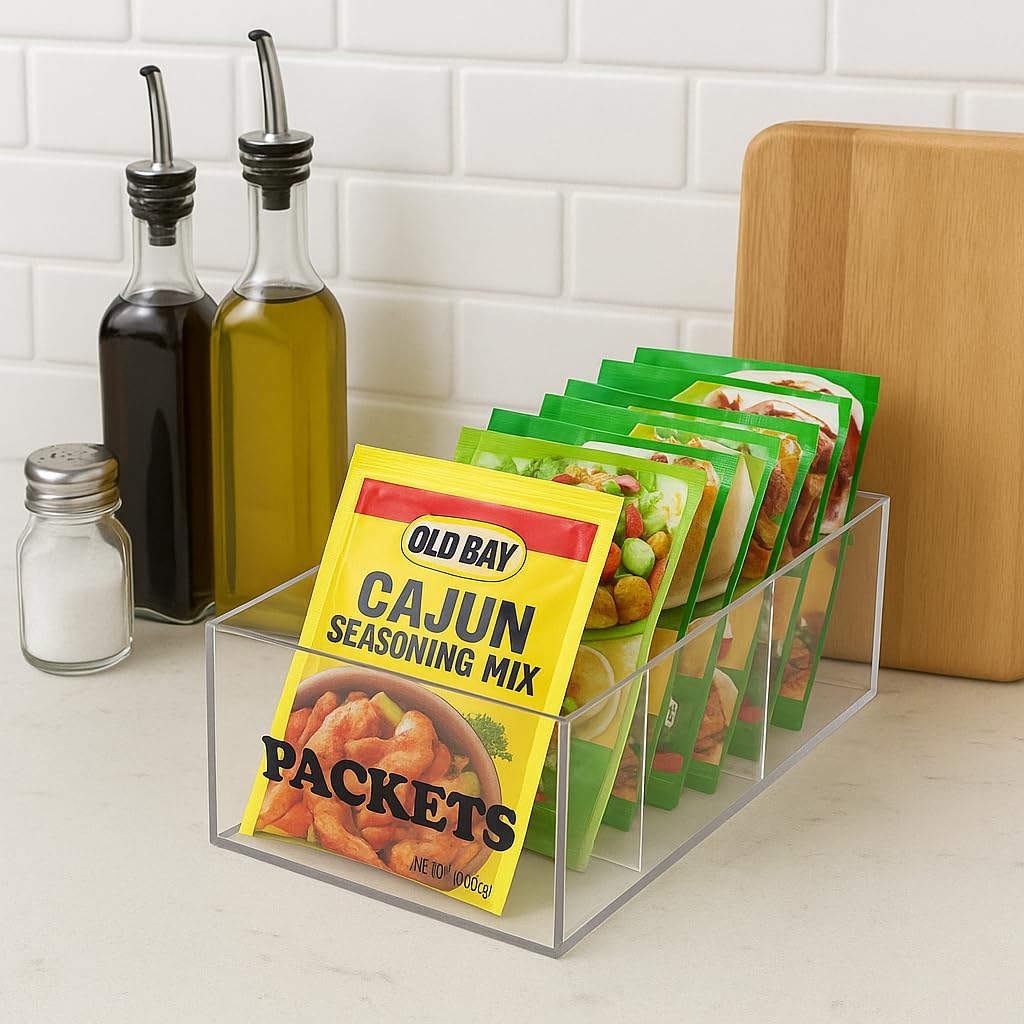 Seasoning Packet Organizer - Acrylic Packet Organizer Pantry for Sauces Spice Condiment Snack Packets with 4 Compartments, Clear Storage Caddy for Cabinet and Countertop.
