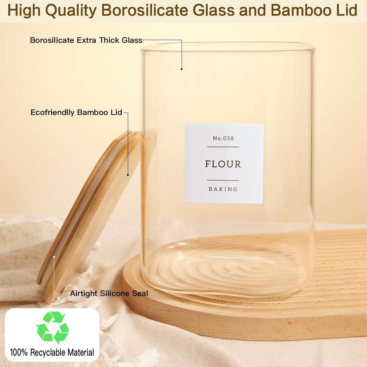 HHMJSM Large Glass Storage Jars With Airtight Bamboo Lid - 100 Fl Oz Thicken Kitchen Glass Food Storage Canister With 42 Pantry Labels - Big Clear Flour And Sugar Containers Farmhouse