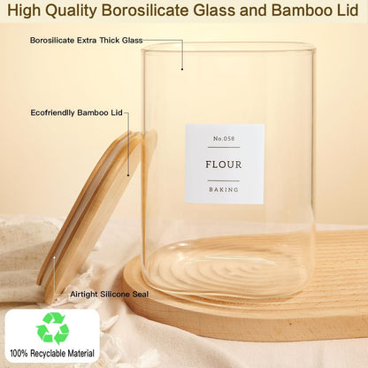 HHMJSM Large Glass Storage Jars With Airtight Bamboo Lid - 100 Fl Oz Thicken Kitchen Glass Food Storage Canister With 42 Pantry Labels - Big Clear Flour And Sugar Containers Farmhouse