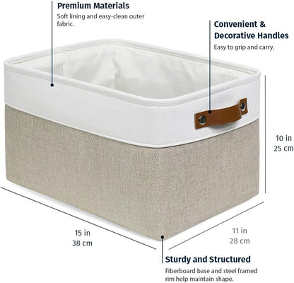 OrganiHaus 12x8in Canvas Storage Baskets 3 Pack | SMALL Fabric Bins for Shelves | Pantry & Bathroom Organizer | Beige/Off-White