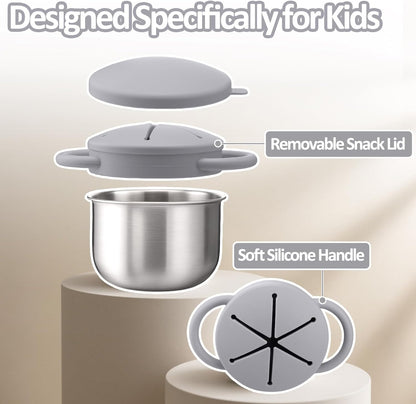 BUSOHA 2 Pack Stainless Steel Toddler Snack Cups - 9 OZ Spill-Proof Baby Snack Containers with Silicone Catcher and Lid Travel Snack Containers for Kids Food Grade Silicone Dishwasher Safe