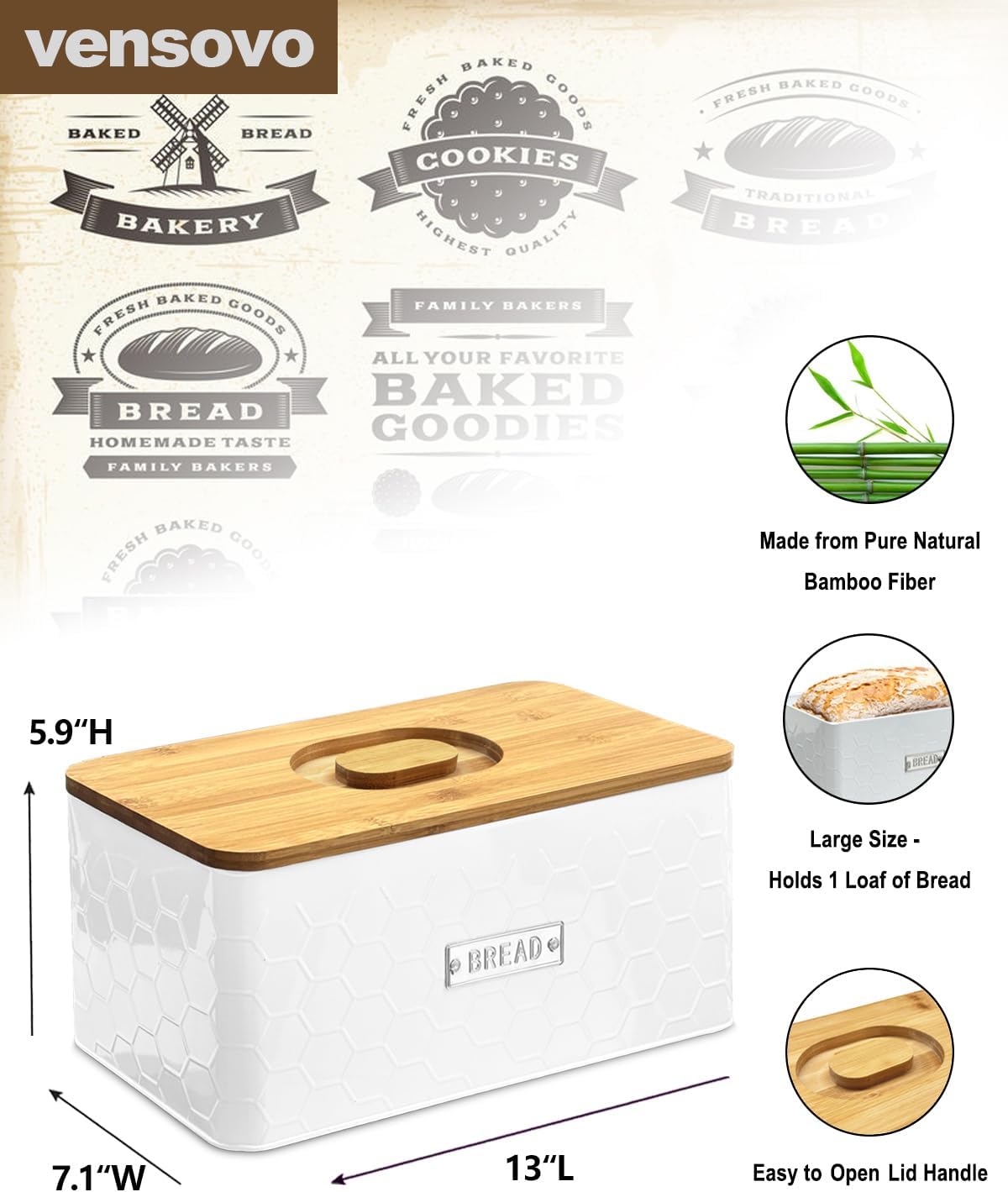 vensovo Bread Box for Countertop – Large White Metal Bread Bin with Bamboo Cutting Board Lid, Farmhouse Bread Storage Container for Homemade Bread, Baked Goods & Kitchen Counter Organization