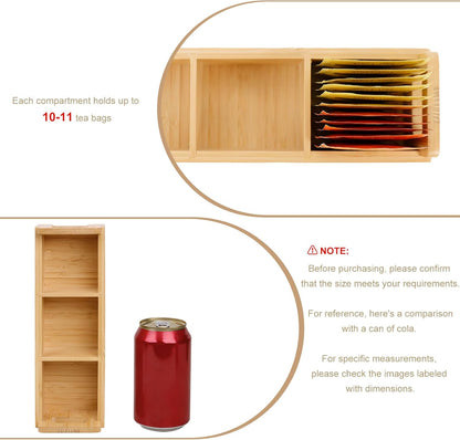 HTB Small Tea Bag Box Wooden, 3 Compartments Acacia Wood Tea Bag Chest with Handle, Mini Countertop Divided Storage Container for Beverage Supplies, Sugar, Sweeteners, Individual Packets