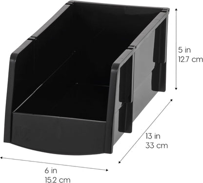 IRIS USA Medium Stackable Storage Bins, 11" L x 6" W x 5" H |Made in USA| Plastic Open Front Shelf Bin for Organizing Parts, Hardware, Tools, Supplies, Garage Shelf, Pantry - Black