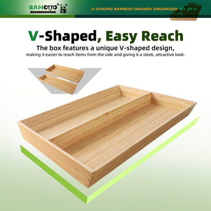 BAMOTTO CRAFTBAMBOO Stack Bamboo Drawer Organizer Set of 5, Kitchen Utensil, Flatware&Silverware Organizer-Wood Laminated Stackable for Kitchen, Bedroom, 13.4''x4.5''*2+10.2''x3.3''*2+10.2''x6.7''*1
