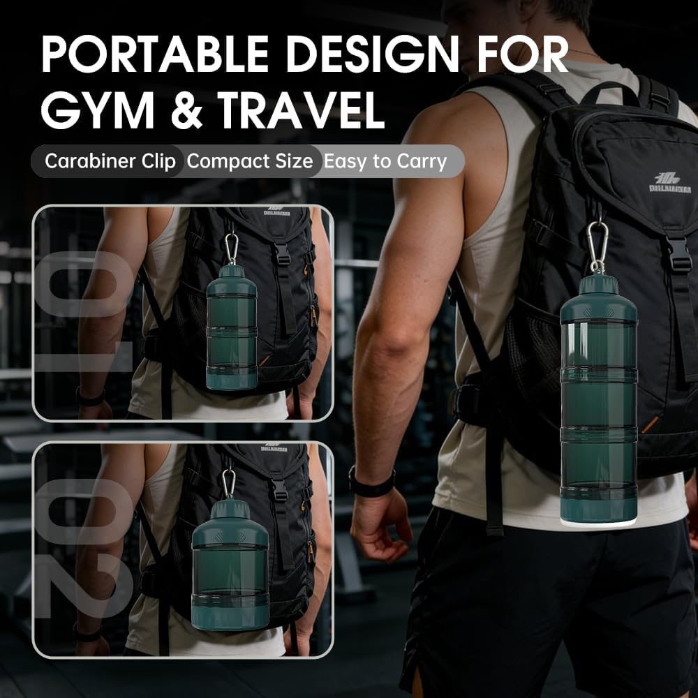 BYLWORKOUT 3-Layer Protein Powder Travel Container with Funnel and Keychain | Portable Food Storage Organizer for Gym, Fitness, Kitchen, Camping, Hiking, and Travel (Emerald Green)