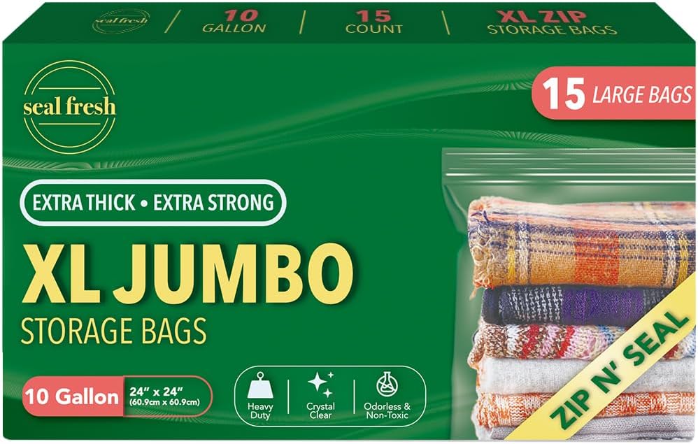 Seal Fresh 3 Gallon Large Plastic Storage Bags – 16" x 18" (15 Count) – Reusable XXL Extra Large Clear Jumbo Zip Bags with Sealable Zipper Top For Clothes, Travel, Moving