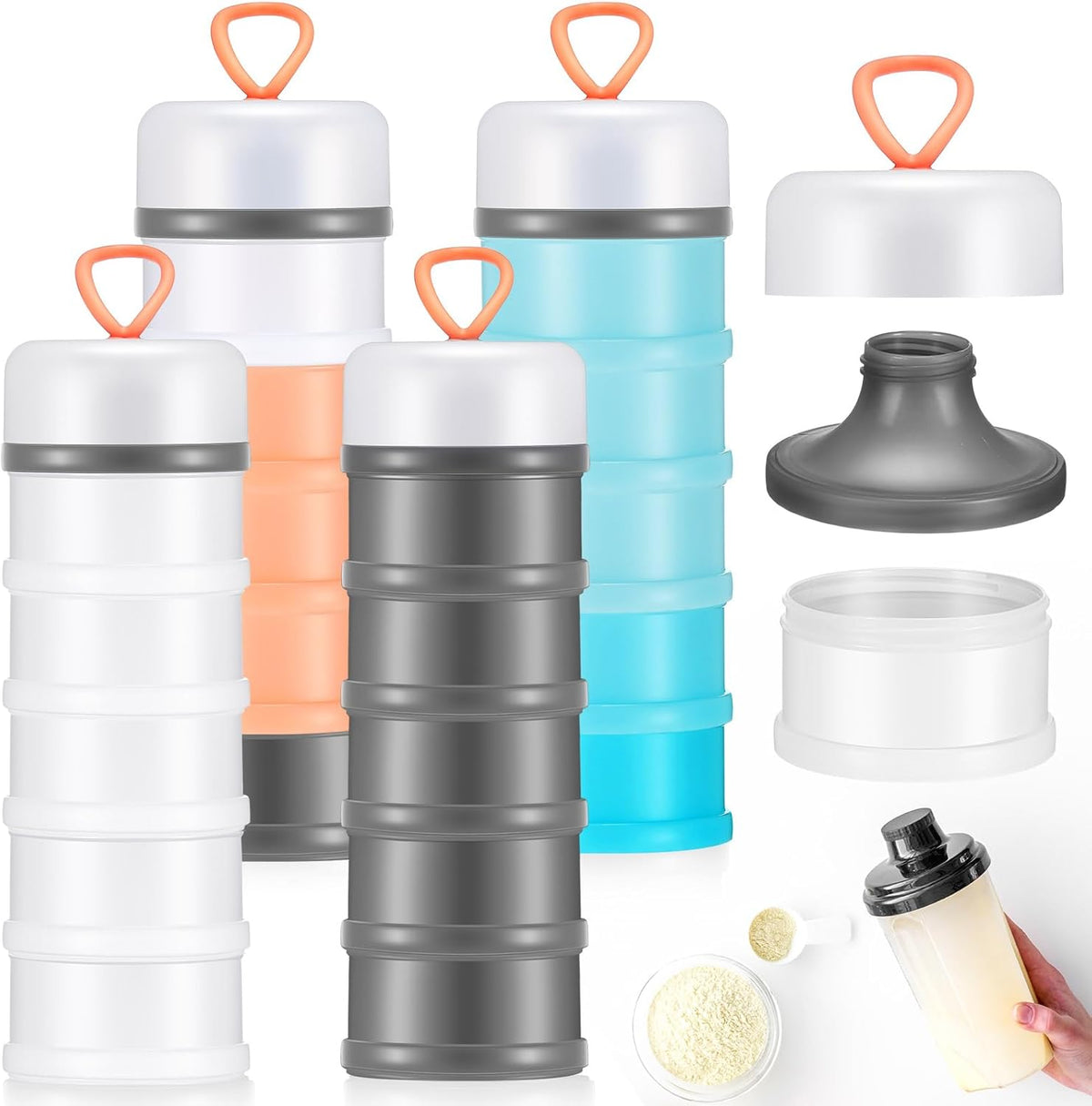 Baderke 4 Pcs Protein Powder Container 5 Layers Stackable Leakproof Container Powder Dispenser with Funnels Stand Keychain Flour Canister for Workout Fitness(Gray, White)