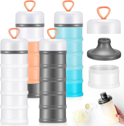 Baderke 4 Pcs Protein Powder Container 5 Layers Stackable Leakproof Container Powder Dispenser with Funnels Stand Keychain Flour Canister for Workout Fitness(Gray, White)