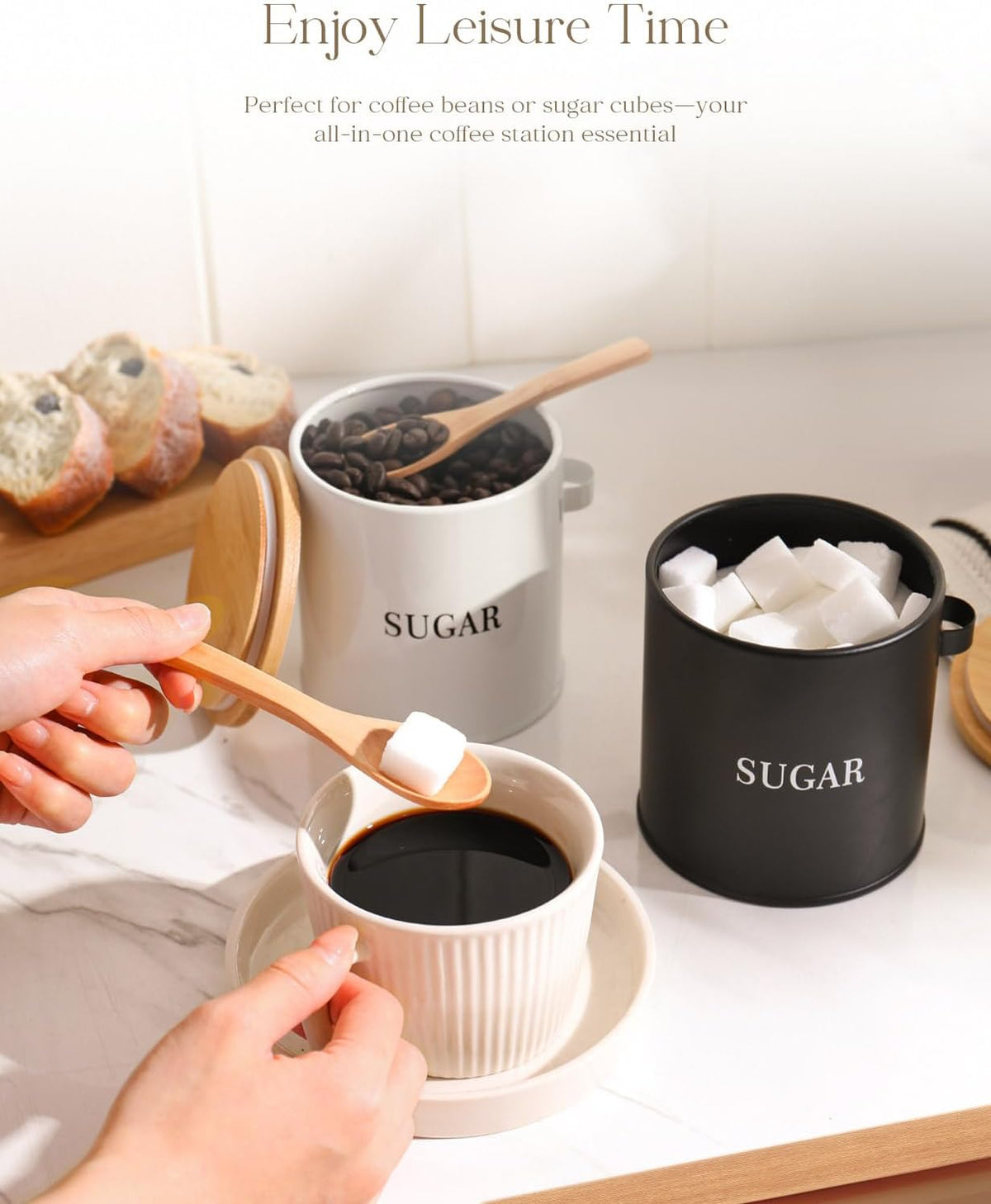 AISBUGUR Sugar Bowl with Lid and Spoon: 17oz Metal Sugar Container - Airtight Food Sugar Jar - Coffee Bar Accessories - Countertop Kitchen Decor (White)
