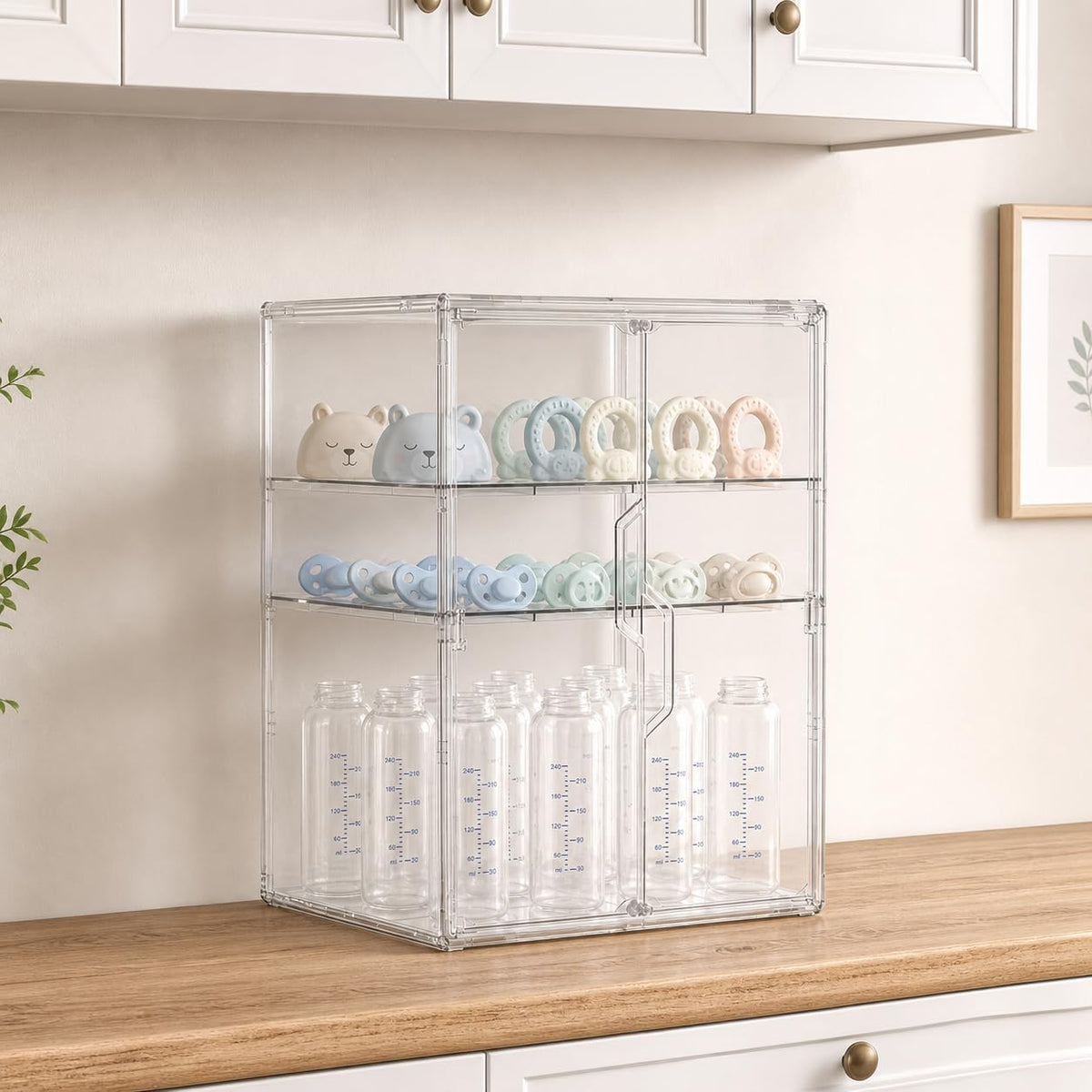 Baby Bottle Storage Organizer, Large 3 Tier Acrylic Bottle Storage Organizer Container for Countertop, Clear Plastic Bottle Station Organizers for Kitchen Cabinet Vanity Bathroom, Gifts for New Mom