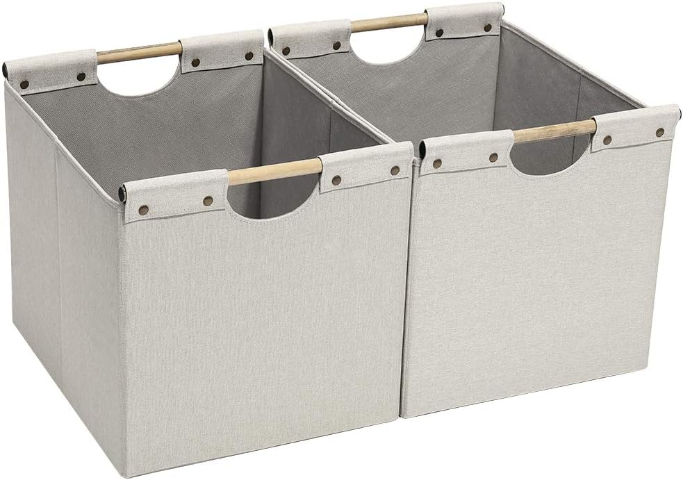 HOONEX Large Collapsible Storage Bins, Linen Fabric, Pack of 2, Storage Baskets with Wooden Carry Handles and Sturdy Heavy Cardboard, for Home, Office, Car, Nursery, Black