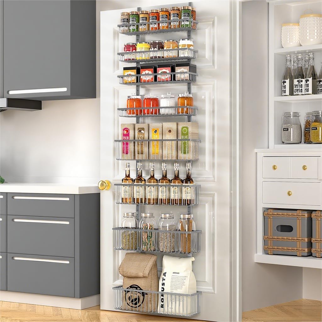 Moforoco White Over The Door Pantry Organizer, Pantry Organization and Storage, Metal Hanging Spice Rack Shelves Door, Seasoning Shelves, Laundry Room Organization, House and Kitchen Essentials