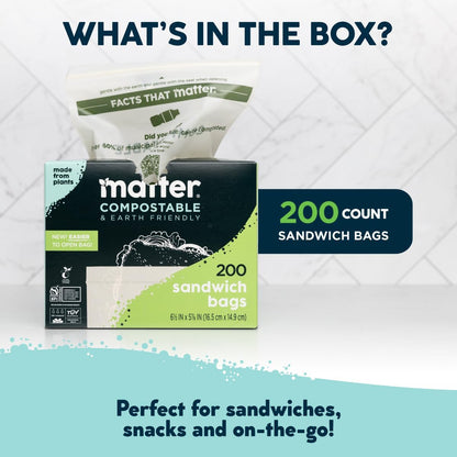 Matter Compostable Assorted Kitchen Bags, 230 Count, Biodegradable, Eco-Friendly Resealable Food Storage Variety Pack, 80 Snack, 80 Sandwich, 50 Quart & 20 Gallon