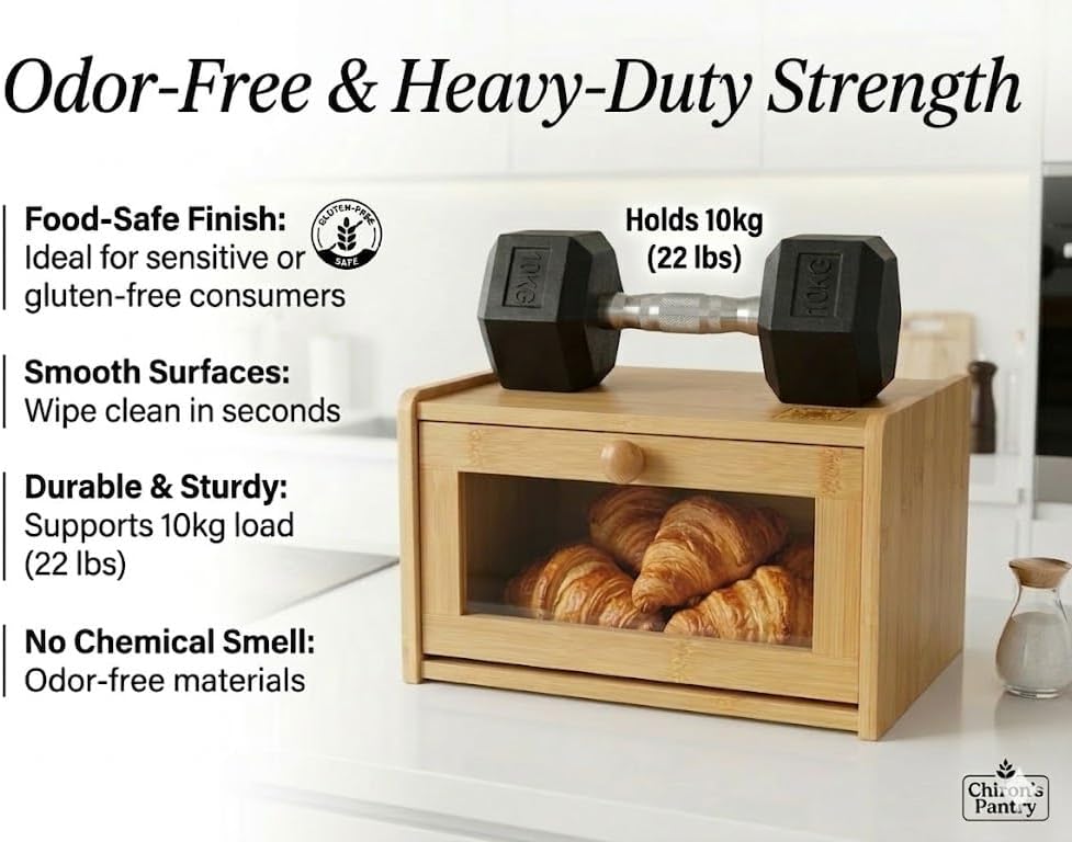 Chiron’s Pantry Bread Box with Clear View Window, Premium Bamboo Bread Storage for Kitchen Countertop, Farmhouse Organizer with Lid for Brioche, Gluten‑Free Loaves and Everyday Baked Goods