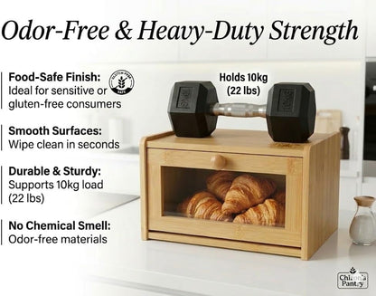 Chiron’s Pantry Bread Box with Clear View Window, Premium Bamboo Bread Storage for Kitchen Countertop, Farmhouse Organizer with Lid for Brioche, Gluten‑Free Loaves and Everyday Baked Goods