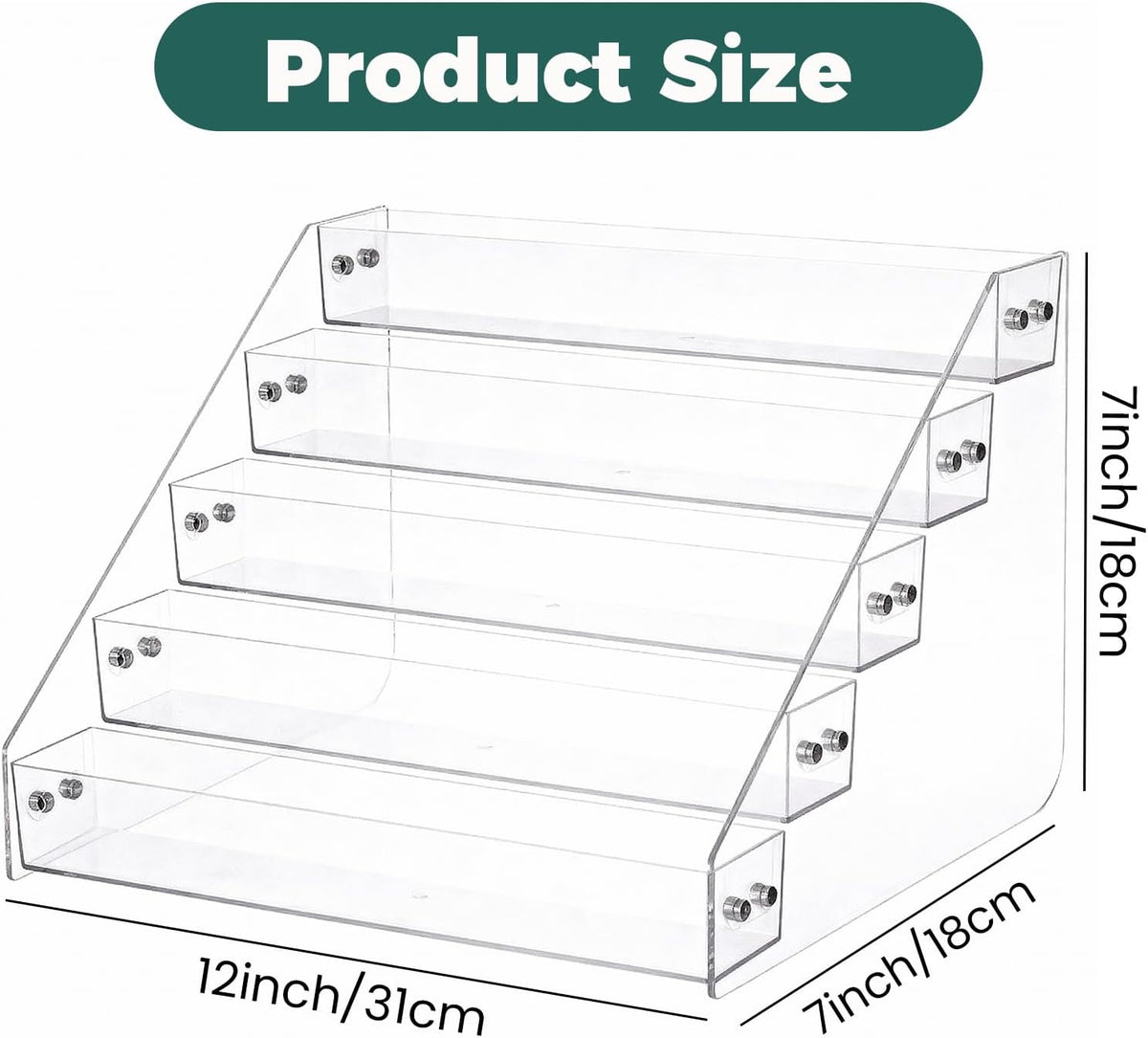 12" Acrylic Display Shelf, 5 Tier Clear Spice Rack Organizer, Display Stand Risers Shelf, Tiered Spice Rack for Countertop, Cabinet, Pantry, Kitchen Storage
