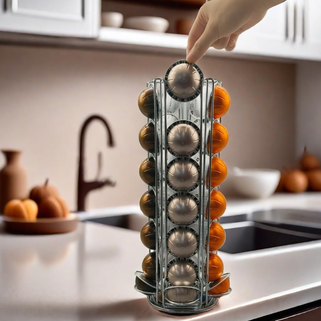 Miuly Coffee Capsule Holder For Nespresso Vertuoline, Coffee Capsule Stands Rotating Pod Rack holds 28 Nespresso Vertuo Pods, Black
