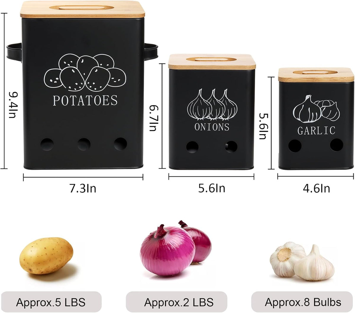 WUWEOT 3 Pack Vegetable Storage Tins, Potato Onion Garlic Storage Canister, Black Metal Vegetable Fresh Keeper Caddy, Kitchen Pantry Organizer Jars with Bamboo Lid and Aerating Holes