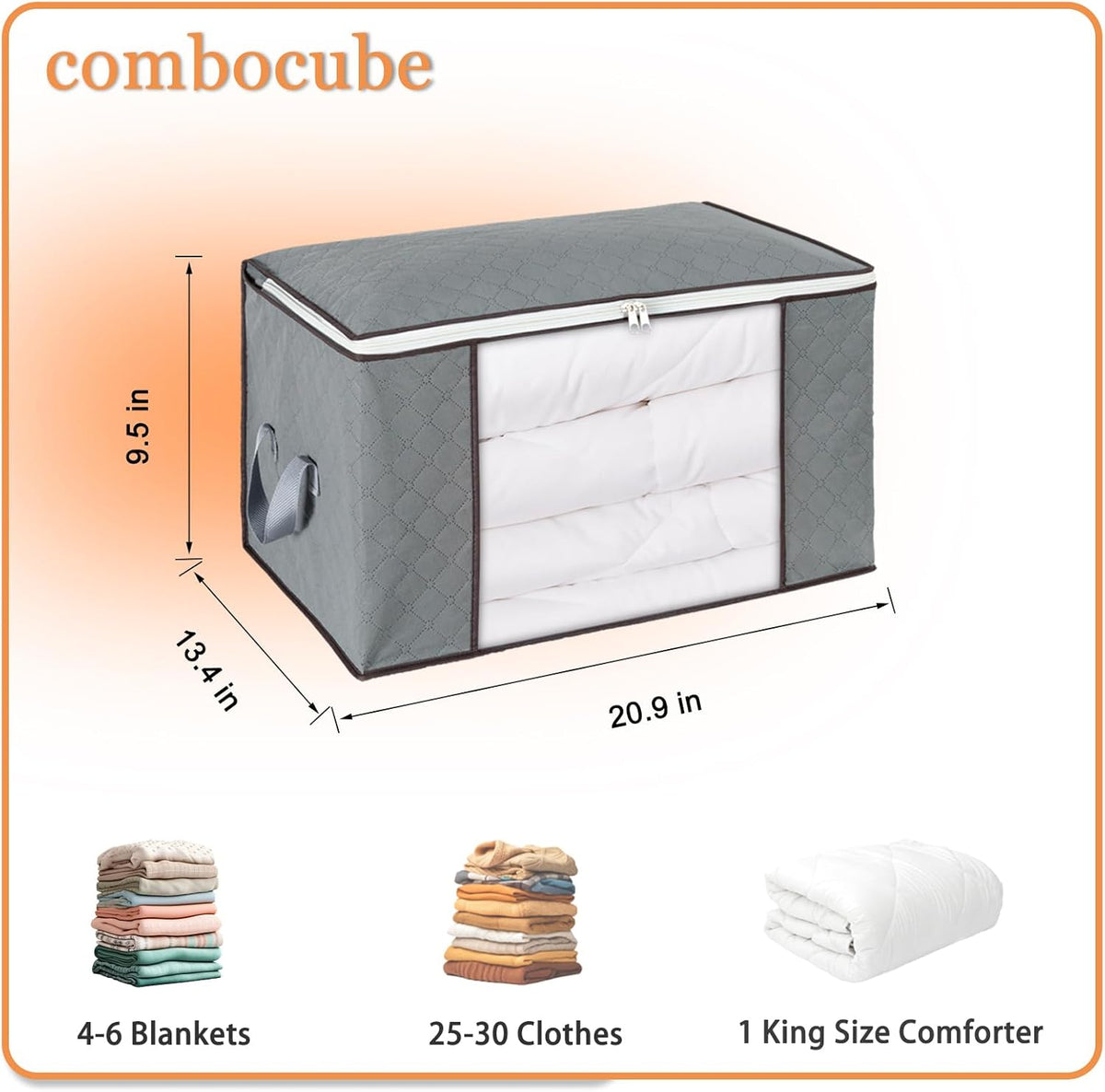 combocube Zippered Storage Bag for Closet King Comforter, pillow, quilt, bedding, Clothes, Blanket Organizers with Large Clear Window & Carry Handles Space Saver