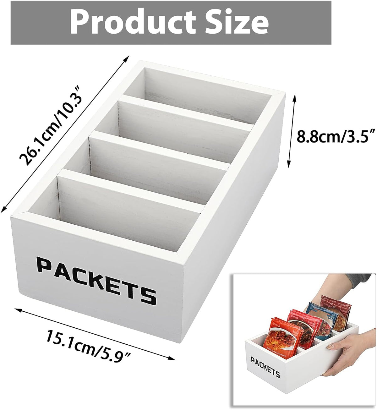 BSTKEY Seasoning Packet Organizer, Food Packet Storage Organizer with 4 Compartments, Wooden Storage Caddy for Kitchen Pantry Cabinet, Farmhouse Kitchen Organization Bin for Snacks Spice Packets