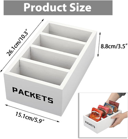 BSTKEY Seasoning Packet Organizer, Food Packet Storage Organizer with 4 Compartments, Wooden Storage Caddy for Kitchen Pantry Cabinet, Farmhouse Kitchen Organization Bin for Snacks Spice Packets