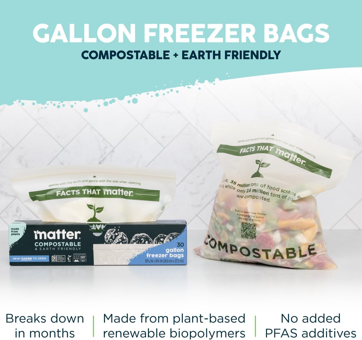 Matter Compostable Assorted Kitchen Bags, 230 Count, Biodegradable, Eco-Friendly Resealable Food Storage Variety Pack, 80 Snack, 80 Sandwich, 50 Quart & 20 Gallon