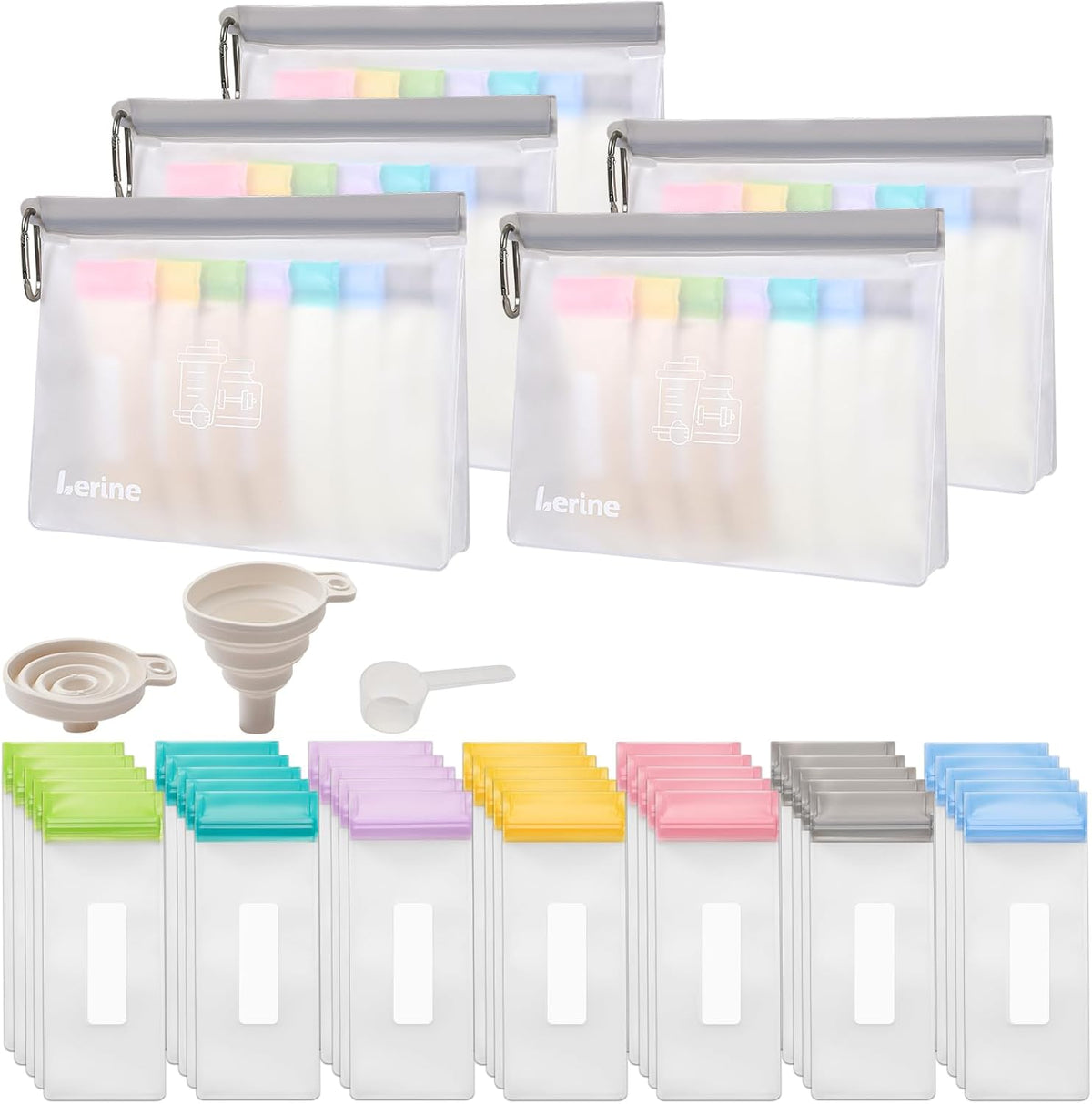 Lerine Protein Powder Travel Container Set, Reusable Protein Powder Container To Go, 21Pcs Single Dose Bags & 3Pcs Large Zip Bags, Portable Supplement Storage Containers with Funnel, Spoon