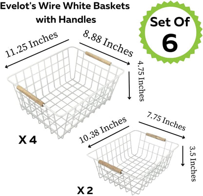 Evelots Wire Storage Baskets with Wood Handles-Pack of 6-Kitchen Cabinet, Pantry Shelf Organization, or Bathroom Metal Basket-Refrigerator/Freezer Organizer Bins-White