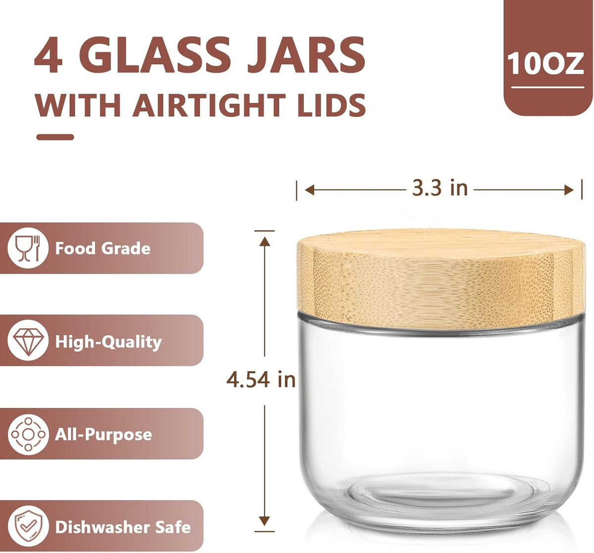 DRKIO 16 Oz Overnight Oats Containers with Bamboo Lids - 4 Pack Glass Storage Jars with Airtight Lids Wide Mouth Mason Food Jars Great for Meal Prep Salad Chia Pudding Snacks Yogurt Sugar Spice Cereal