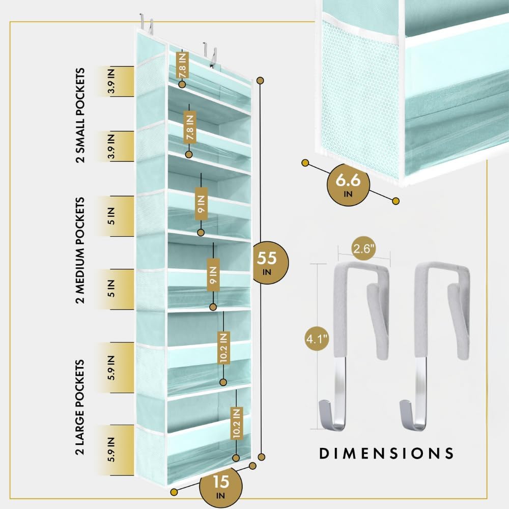 HOMELUX THEORY UPGRADED 6 Tiers Over The Door Organizer Hanging - 100D EXTRA THICK & 50lbs HUGE CAPACITY, 12 Side Mesh Pockets Over The Door Shoe Organizer, Hanging Closet Organizer (Ivory, 1pc)